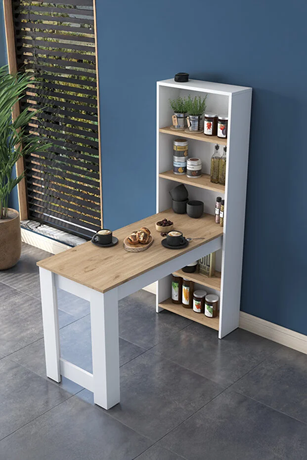 Rani Ja102 Masa Raflı Dekoratif Mutfak Yemek Masası Sepet Ceviz - Beyaz